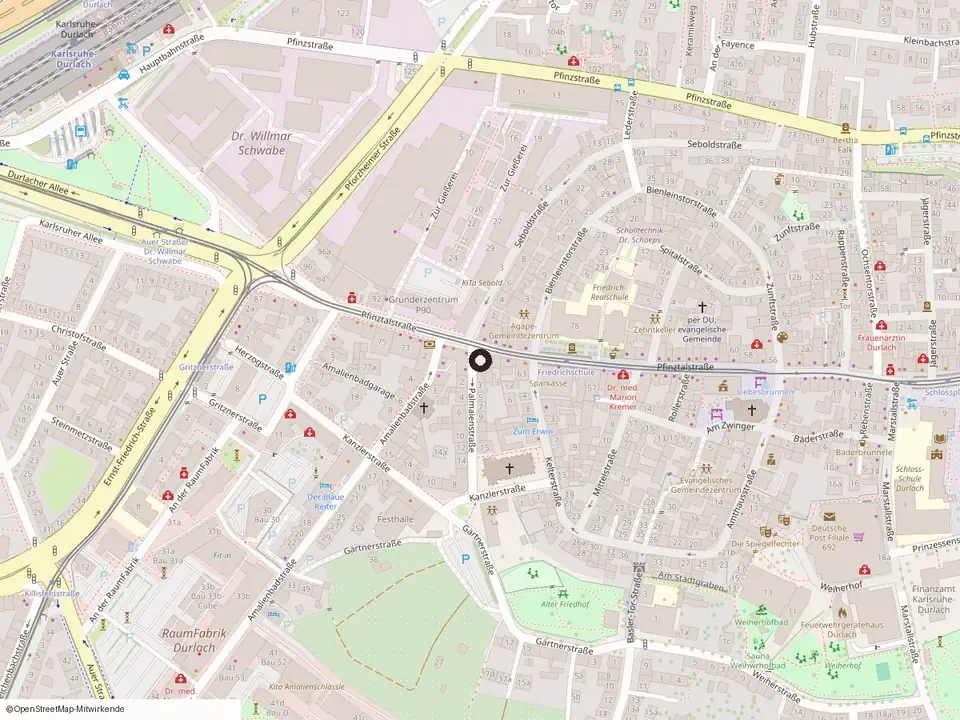 Kartenausschnitt von Durlach mit Markierung der Pfinztalstraße 69